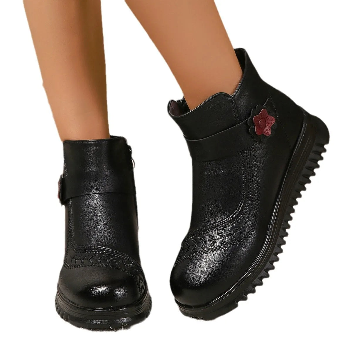 Women's Rubber Boots Boots-Women Round Toe Shoes Winter Footwear Rain 2024 Ankle Low Ladies Flock Fabric Solid Hoof Heels Ridin
