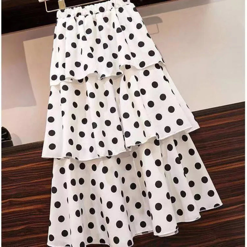 Summer Fashion Bohr Dot Slim Four Layers Chiffon Skirt Women Classic High Classic Korean All-match Lady Casual Cake Skirt