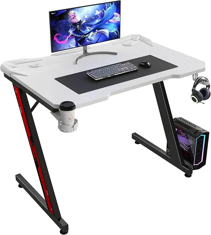 Gaming Computer Desk with Carbon Fiber Surface, Gaming Table Z Shaped Pc Home Office with Cup Holder&Headphone Hook(32 in)
