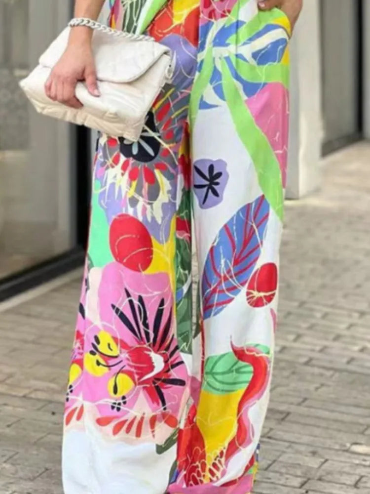 Fashion Color Print Two Piece Set Women Trendy Loose Long Sleeve Shirts Wide Legs Trousers 2 Piece Set Female Commuting Suits