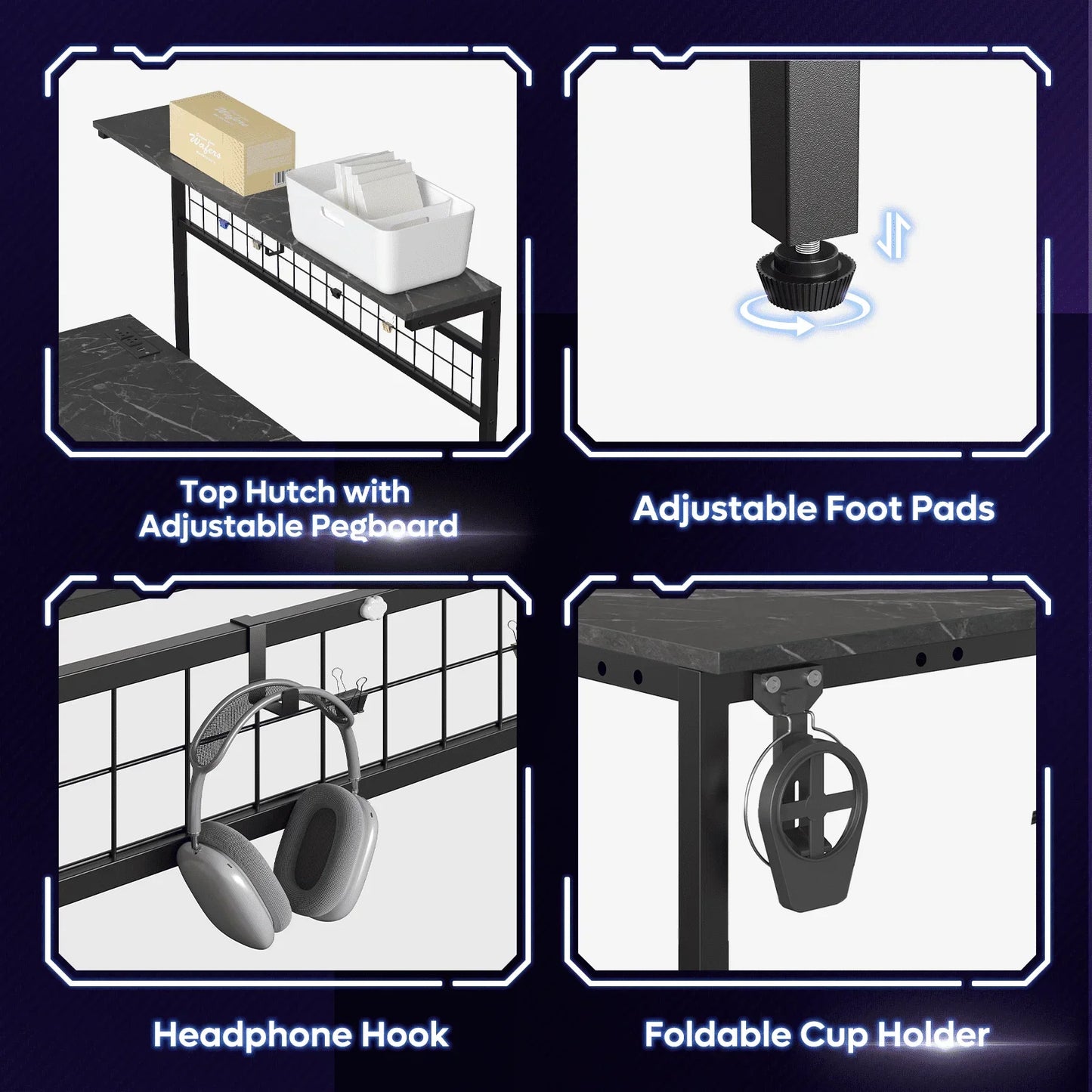 L-Shaped Reversible Gaming Desk with Power Outlet and 4 Tiers Shelves, Black Marble