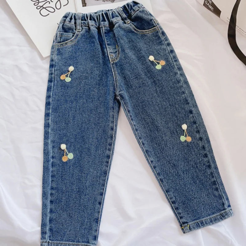 Girls Jean Pants Long Trousers Cotton 2024 Cherry Spring Autumn Teenagers Baby's Kids Pants Outdoor School Teenagers Children's