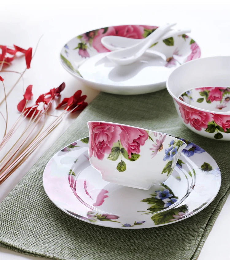 30pcs Set, Floral Bone China Dinnerware, Beauty Ceramic Dinner Bowl Set, Dinner Plate Food Container, Food Storage Container