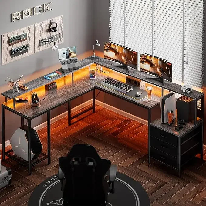 L Shaped Gaming Desk with LED Lights and Power Outlets, Computer Desk with 3 Drawers, 66.1 Inches Corner Desk