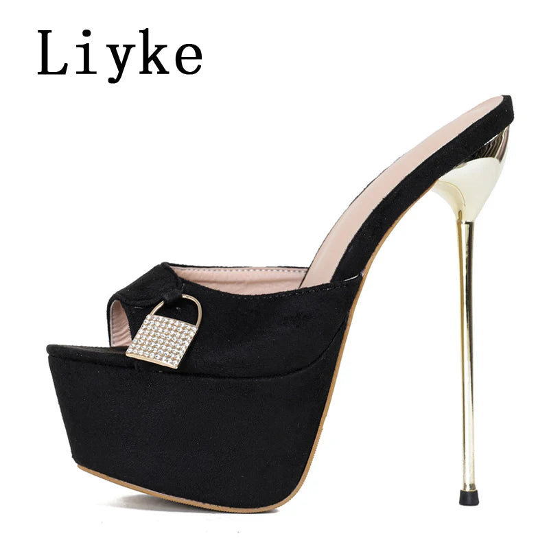 Liyke Summer Fashion Metal Extreme Platform Slippers Women Sexy Peep Toe Stiletto Heels Sandal Ladies Club Stripper Shoes Slider