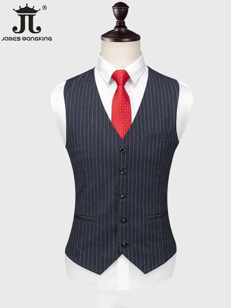 S-7XL (Blazer + Vest + Pants) Vertical Stripes Double Breasted British Style Men's Suit Groom Wedding Prom Party Business Tuxedo