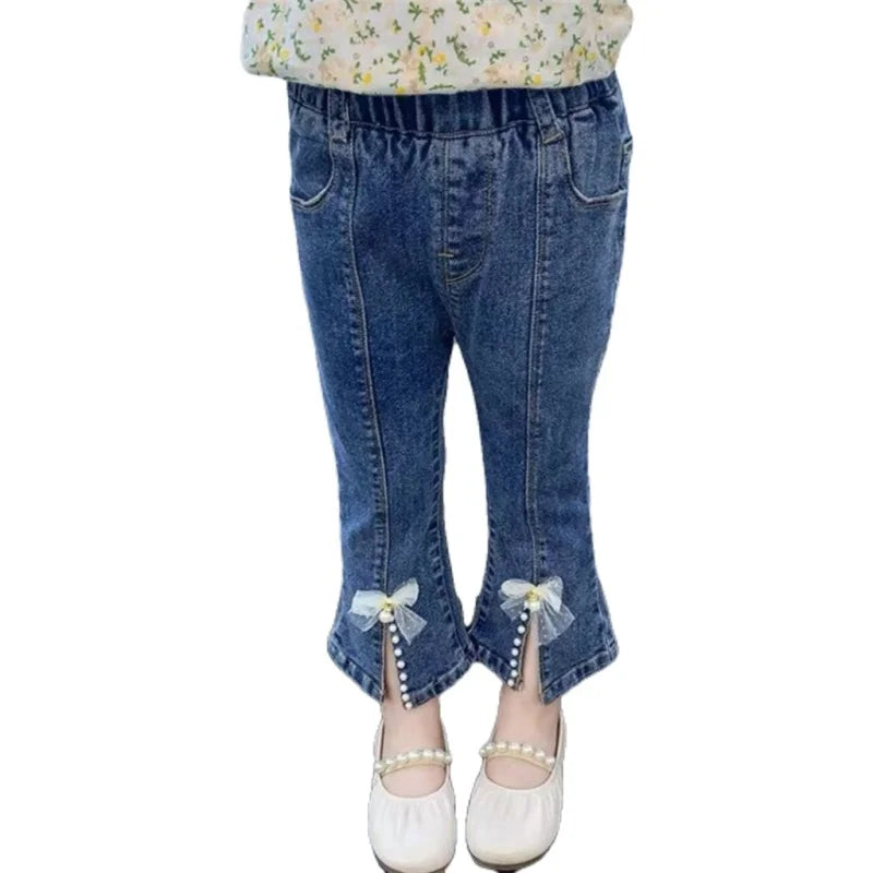 Girls Jean Pants Long Trousers Cotton 2024 Pearl Spring Autumn Teenagers Baby's Kids Pants Outdoor School Teenagers Children's C