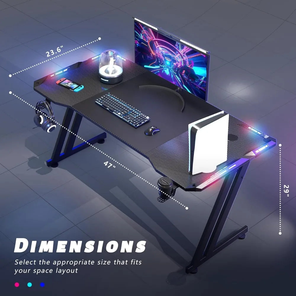 63 Inch Gaming Desk with LED Lights Carbon Fibre Surface Gaming Table Large Computer Desk Ergonomic Home Office Desks Z Shaped