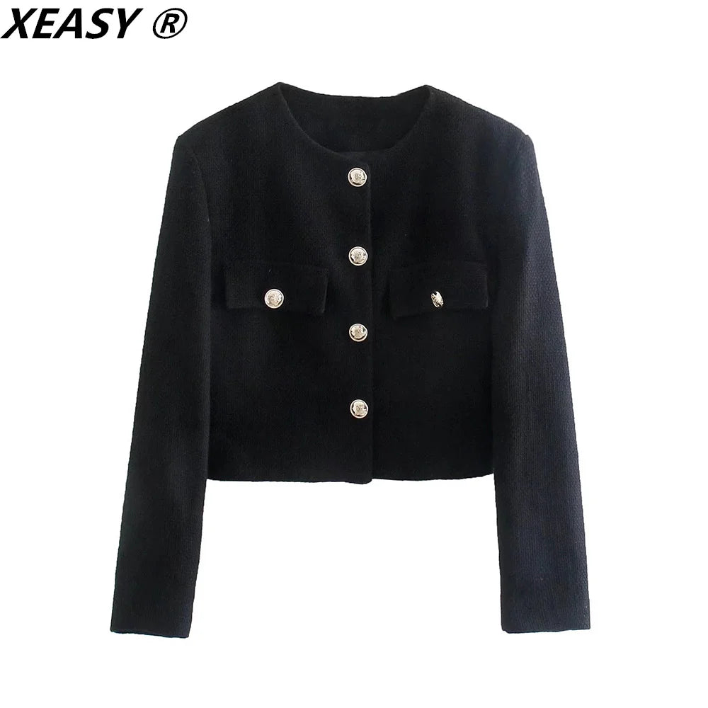 XEASY Tweed Jacket Set Two Piece Sets Women Skirt Fall 2021 Womens Fashion Black Single Breasted Jacket High-Waisted Skirt Suit