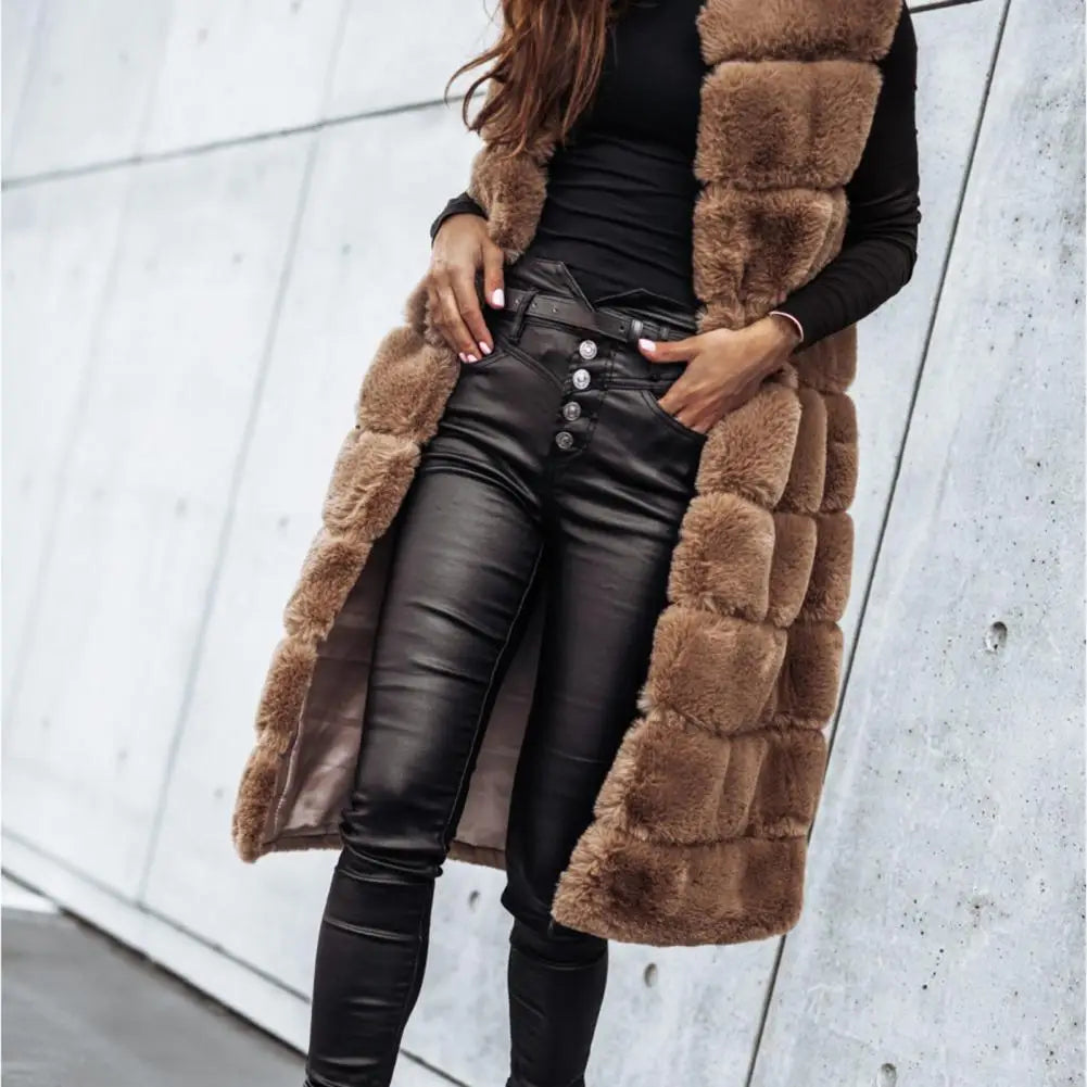 2021 Women Vest Coat Faux Fur Horizontal Stripe Open Stitch Long Winter Jacket Sleeveless Solid Round Neck Thick Outerwear Daily