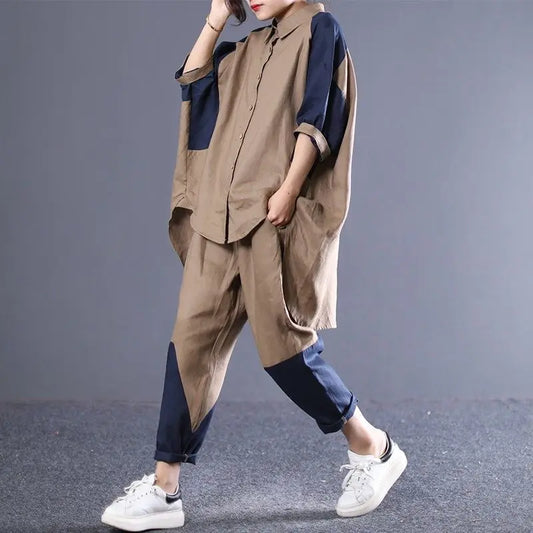 Spring Summer Pants Suit Korean Loose Large Size Color Matching Cotton And Linen Shirt Leisure 2 Piece Set Tracksuit Women zh639