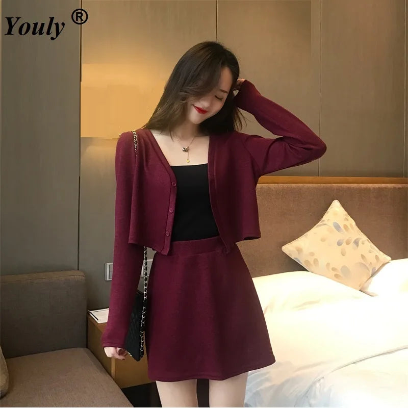 2021 Autumn Women Sweater Skirt Suit Casual Knitted Female Mini Skirts Suits Ladies 2 Piece Set Cardigan Coat Jacket Skirt Sets