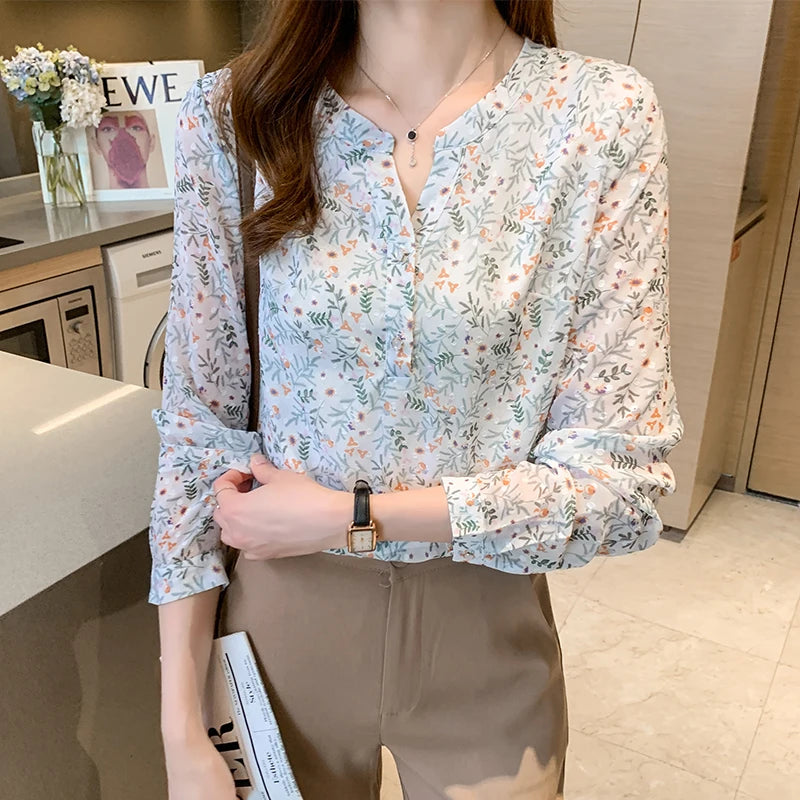 New elegant flower printing shirts for ladies Fashion V-neck Women's chiffon Blouses Spring Autumn Long Sleeve Tops Blusas Mujer