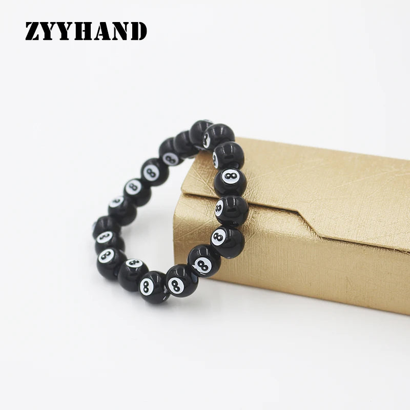 Black Ball 8 Dice Women Bracelet Billiards Number Eight Plastic Girl Jewellery Hip Hop Lady Rock Elastic Rope Jewelry