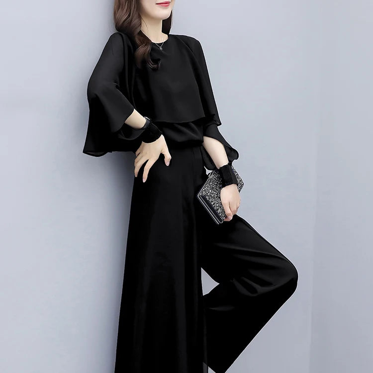 New Spring Summer Suit Women Fashion Loose Chiffon Two-Piece Trousers Ladies Elegant Wide-Leg Pants Suit Female