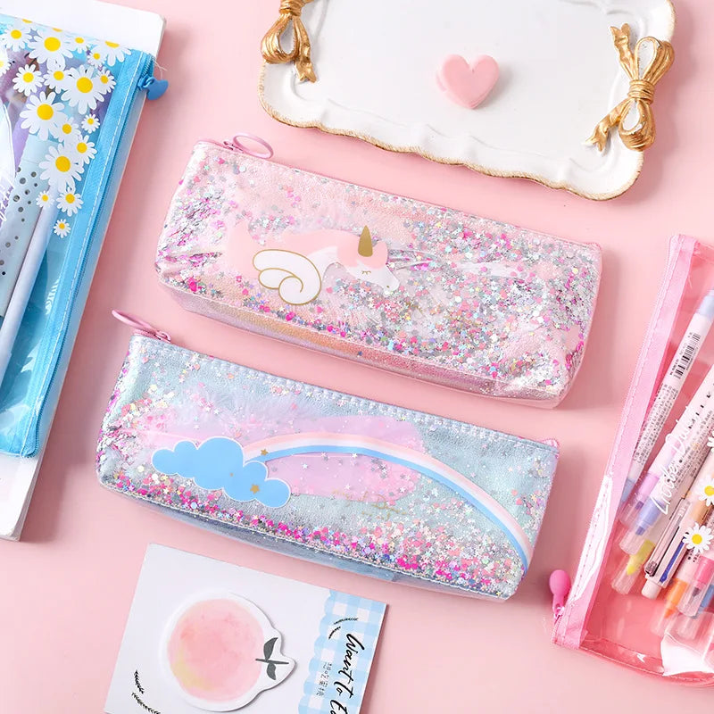 Kawaii Unicorn flower Sequin large Pen Case Creative PVC Pencil box Cute Pencil Bag For Kids Gift School Supplies Pencilpouch