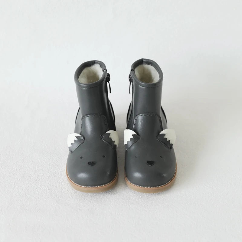 Autumn Winter Genuine Leather Children's Shoes Warm Lambswool Cartoon Bunny Baby Girls Ankle Boots Cowhide Boys Snow Boots