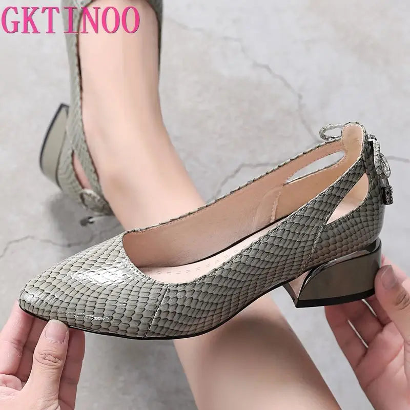 GKTINOO Women Pumps Concise Serpentine Genuine Leather Pointed Toe Shoes Thick Heel Spring Autumn Fashion Office Lady Shoes