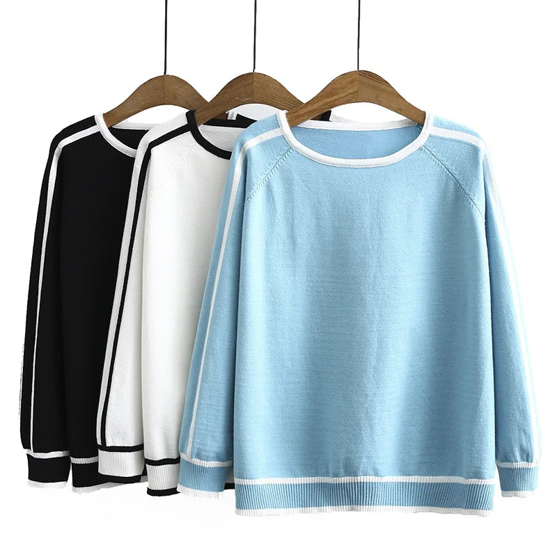 Women's Sweaters Plus Size Fashion Autumn Jumper Striped Splice Raglan Sleeve Tops Covering Yarn Knitted Pullover 3XL