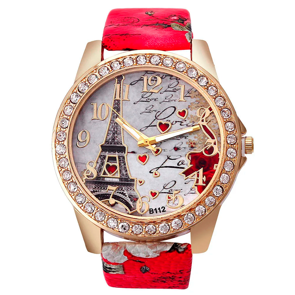 Women Big Watches Fashion Luxury Crystal Paris Eiffel Tower Watches Women Leather Band Quartz Wristwatch Casual Ladies Watches