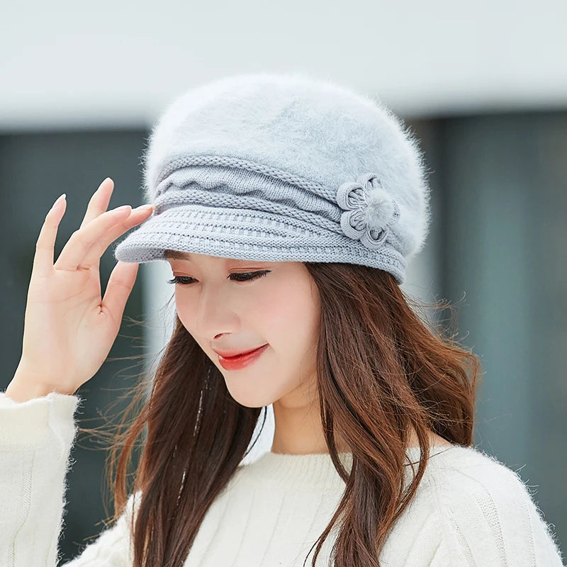 warm Girl Winter Autumn beret hat for women Wool knitted hat for mom Rabbit fur beret solid fashion lady cap fall hat Female cap