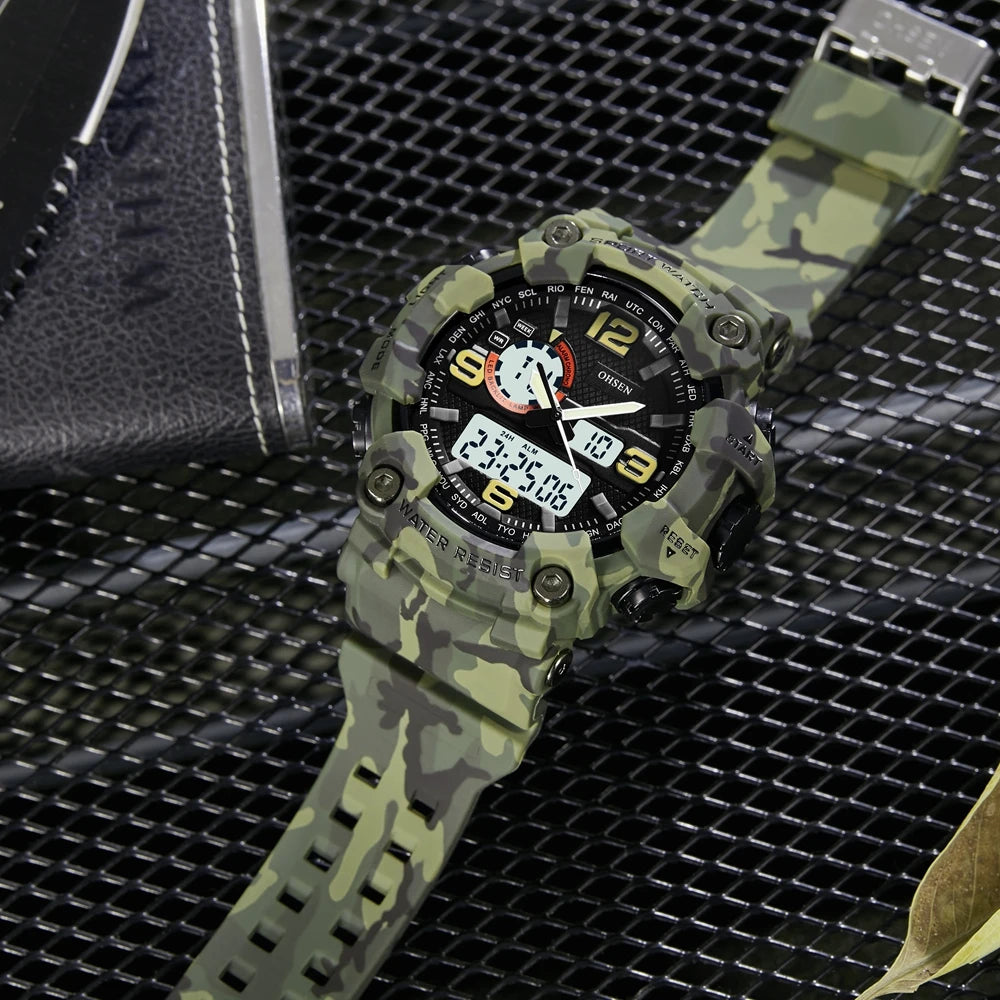 Fashion Quartz Digital Men Watch Dual time Army Green Sport Man Wristwatches reloj hombre Waterproof Led Male Diver Watches Gift