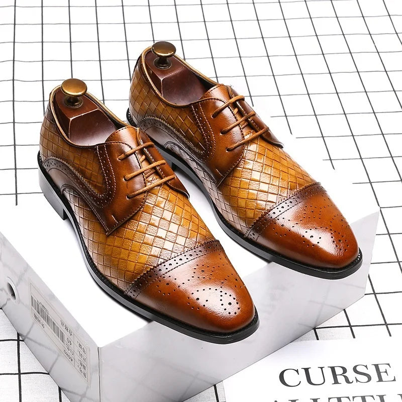 Men's Woven Leather Dress Shoes Mens Classic Vintage Derby Shoes Brogue Shoes Men Lace-Up Business Office Party Wedding Shoes