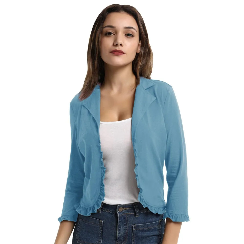 Women's Casual Coats Spring Fall Tops Solid Lapel Collar Open Front Ruffled Cotton Shrug Formal Party Elegant Lady Bolero Coat