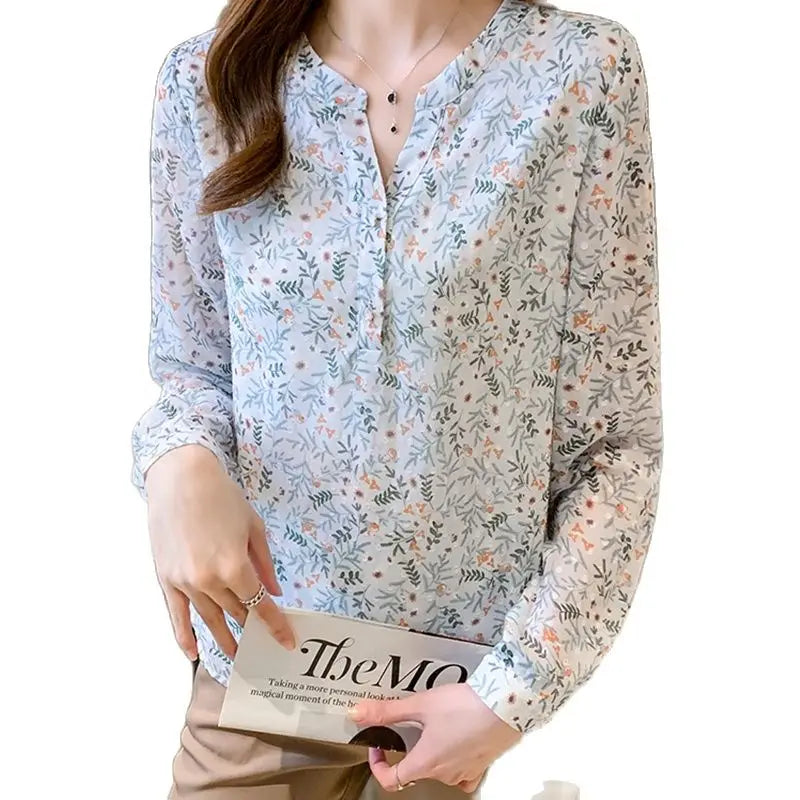 New elegant flower printing shirts for ladies Fashion V-neck Women's chiffon Blouses Spring Autumn Long Sleeve Tops Blusas Mujer