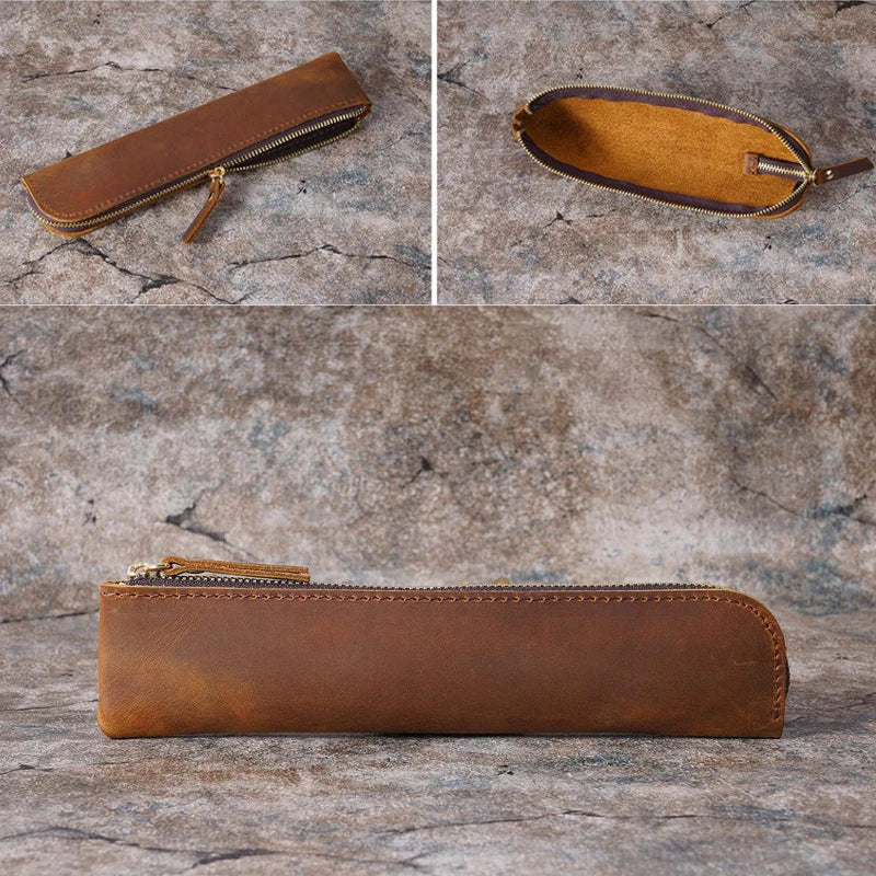 Portable Genuine Cowhide Pencil Case Retro Leather Pen Bag Storage Pouch for Pens Stationery Holder School Office Supplies