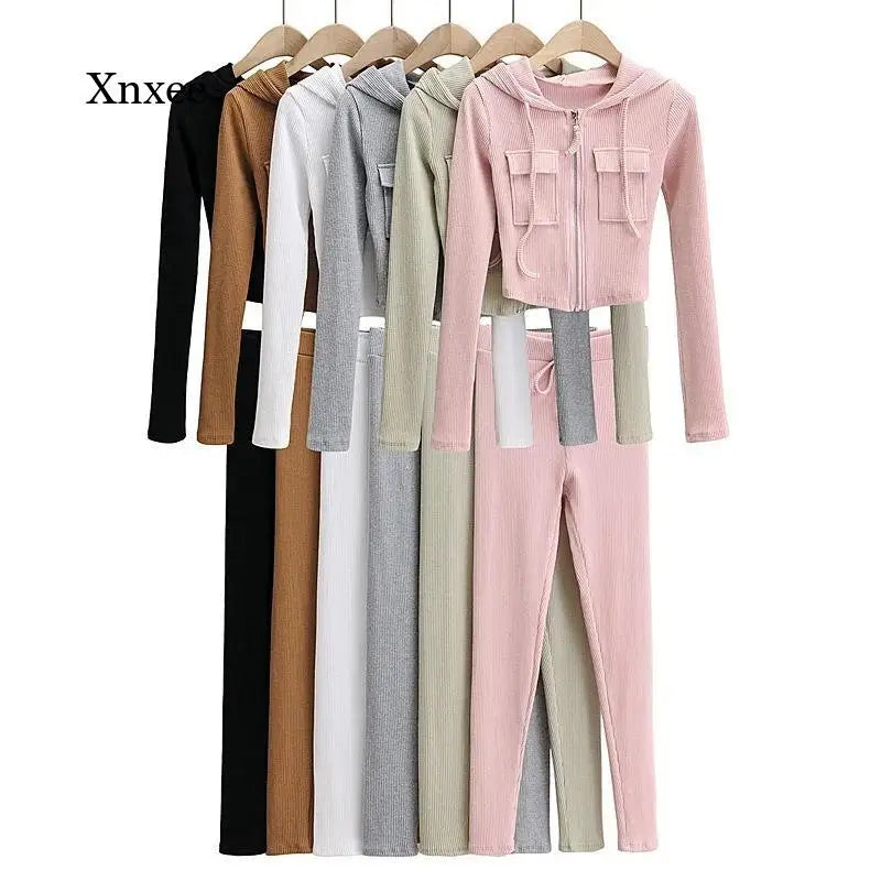 Sexy Knitting Hooded Tracksuit Solid Women High Waist Zipper Drawstring Pantstwo Piece Sets Ensemble Jogging Femme Suit Outfits