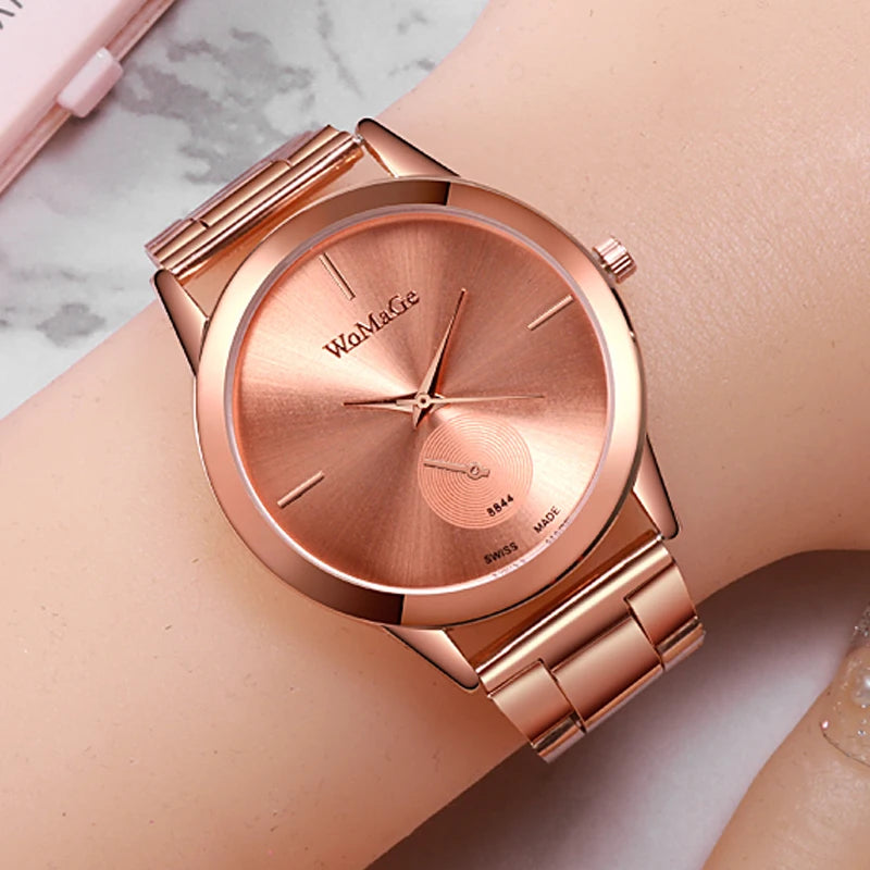 WoMaGe Women Watches Fashion Luxury Women Gold Watches Stainless Steel Quartz Watches Ladies Watches montre femme horloge dames