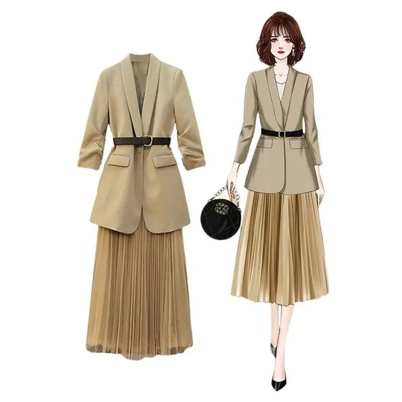 Fall Ladies 2 Pieces Skirt Suit Plus Size Office Clothes Women Fashion Black Blazer Khaki  Skirt Set Suit Two-Piece Suit Female