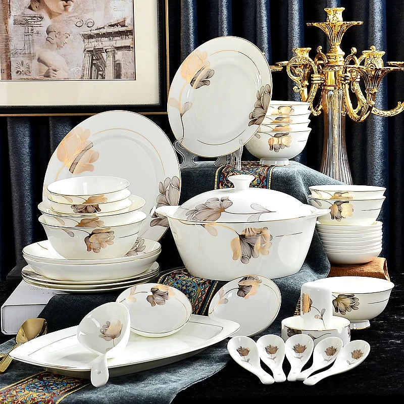 46pcs set, find bone china dinnerware set, gold leaf design, pocelain korean kitchen, christmas plate set, gold dinner plate set