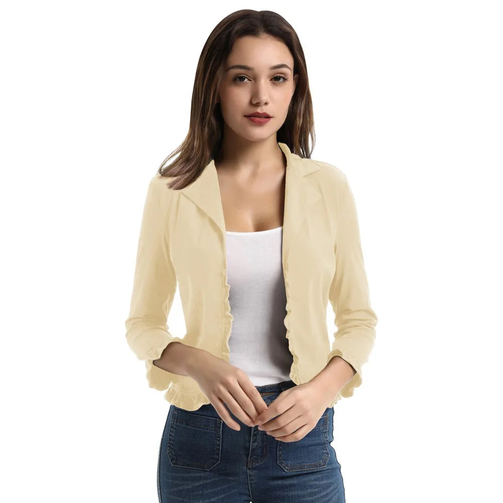 Women's Casual Coats Spring Fall Tops Solid Lapel Collar Open Front Ruffled Cotton Shrug Formal Party Elegant Lady Bolero Coat