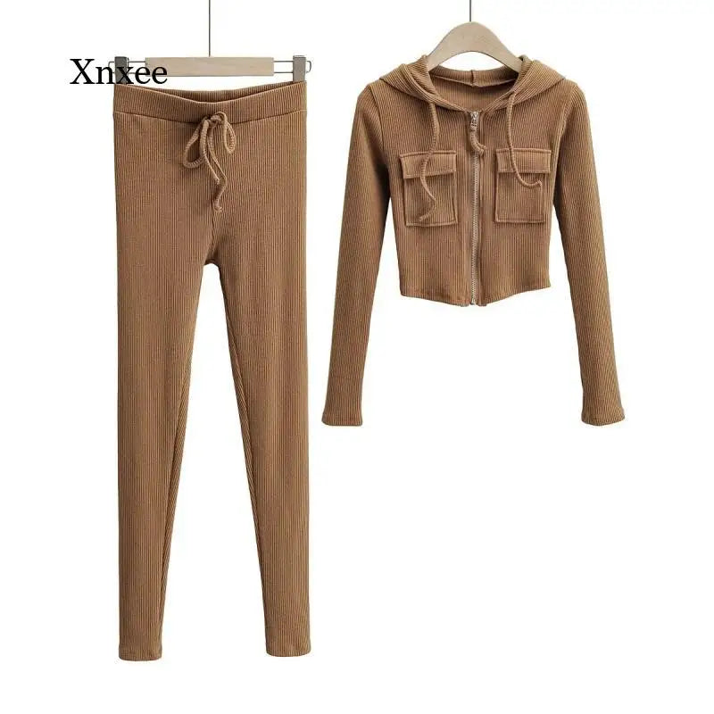 Sexy Knitting Hooded Tracksuit Solid Women High Waist Zipper Drawstring Pantstwo Piece Sets Ensemble Jogging Femme Suit Outfits