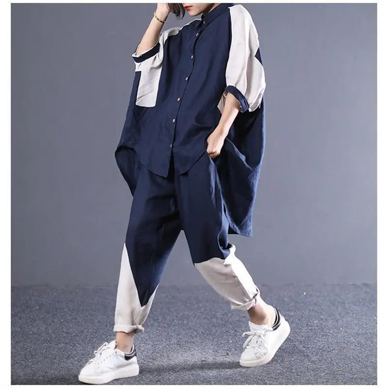 Spring Summer Pants Suit Korean Loose Large Size Color Matching Cotton And Linen Shirt Leisure 2 Piece Set Tracksuit Women zh639