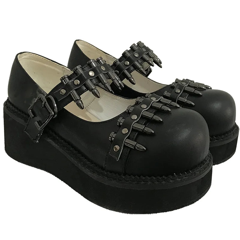 Super Cool Ladies Dark Girl Bullet Rivet Buckle Loli Gothic Shoes Big Round Toe Sexy Punk Goth Anime Cosplay Platform High Heel