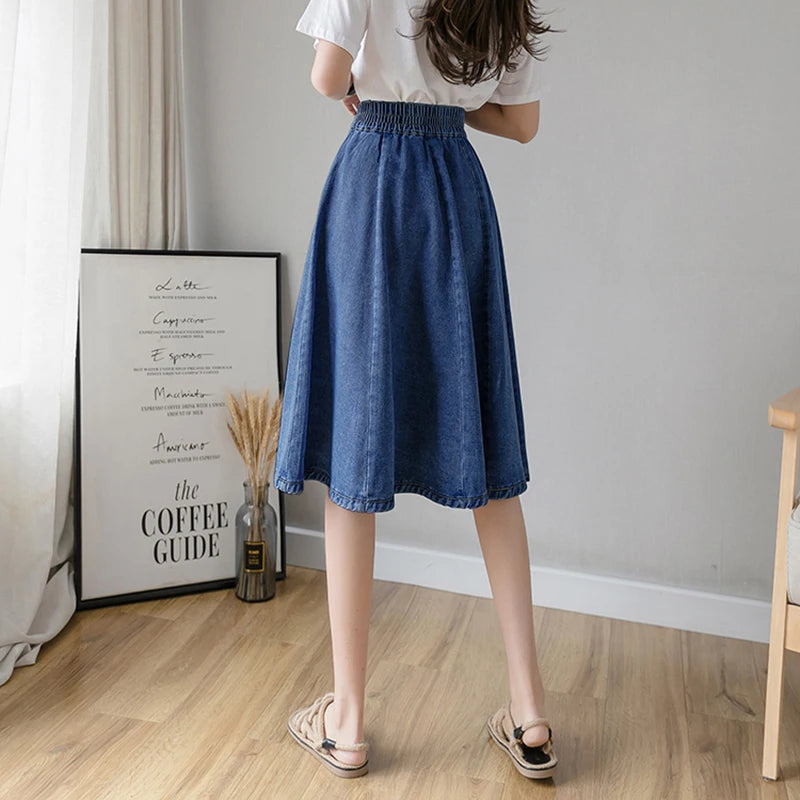 Vintage Elastic High Waist Ladies Denim Skirt New Spring Summer Streetwear Big swing Saia Midi Button A-line Women Jeans Skirts