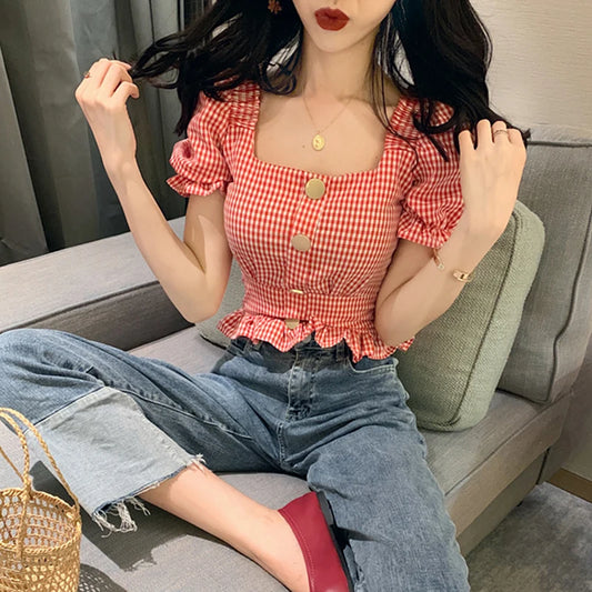 Vintage Plaid Crop Blouse Women Summer Square Collar Puff Sleeve Button ladies Tops Blouses Shirts chemisier femme