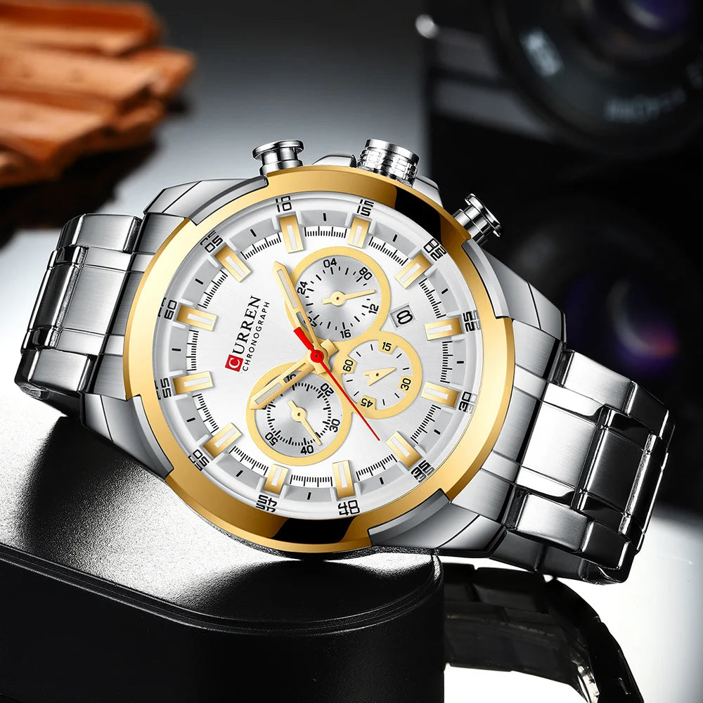 CURREN Fashion Mens Watches Top Brand Luxury Stainless Steel Waterproof Sports Chronograph Quartz Watch Men Relogio Masculino