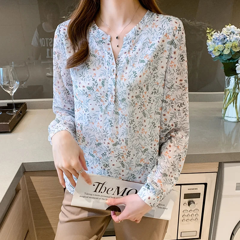 New elegant flower printing shirts for ladies Fashion V-neck Women's chiffon Blouses Spring Autumn Long Sleeve Tops Blusas Mujer