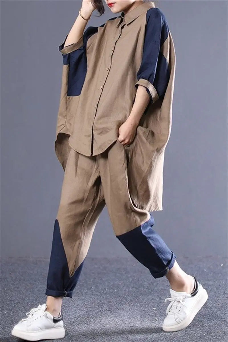 Spring Summer Pants Suit Korean Loose Large Size Color Matching Cotton And Linen Shirt Leisure 2 Piece Set Tracksuit Women zh639