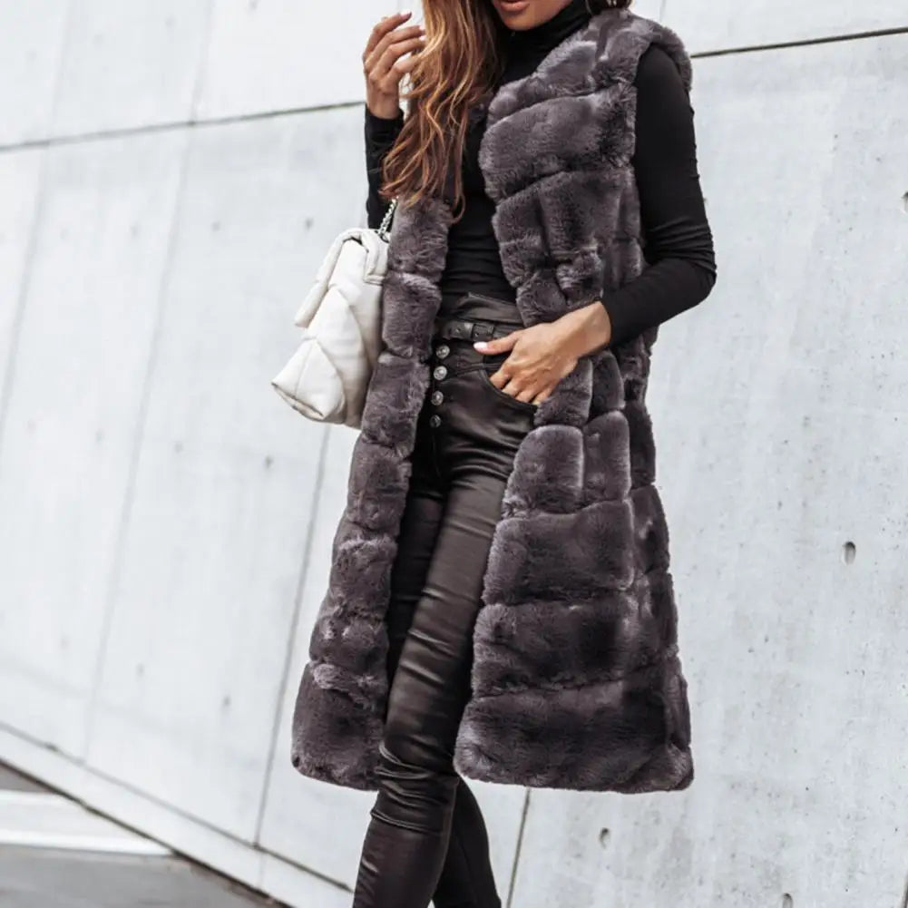 2021 Women Vest Coat Faux Fur Horizontal Stripe Open Stitch Long Winter Jacket Sleeveless Solid Round Neck Thick Outerwear Daily