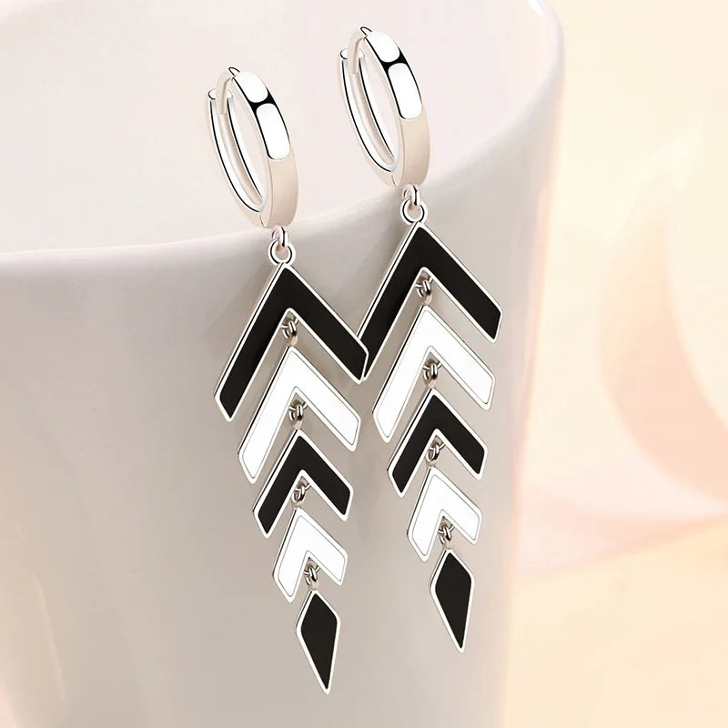 KOFSAC Trendy Chic Black White Arrow Long Tassel Hoop Earrings For Women 925 Sterling Silver Earring Lady Party Jewelry Gifts