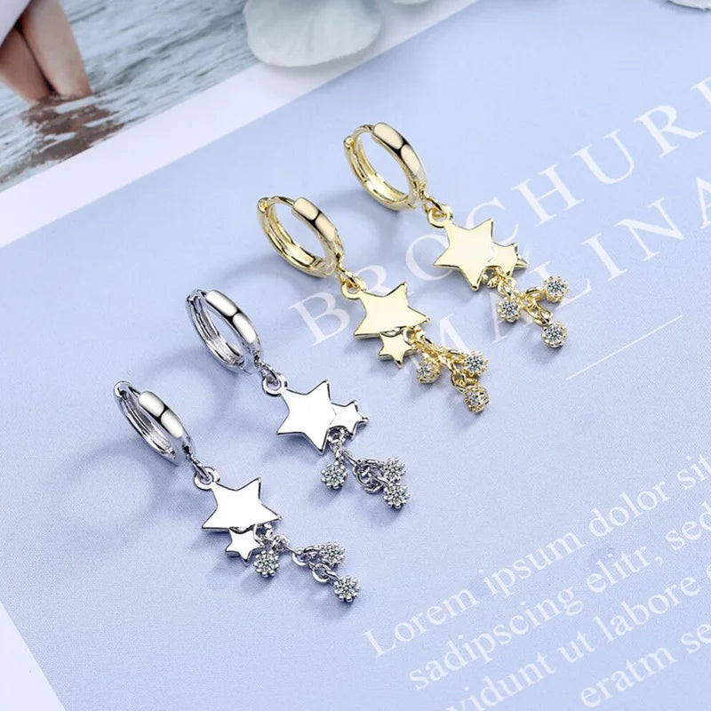 Exquisite 925 Sterling Silver Earrings Women Wedding Jewelry Popular Zircon Tassel Star Earring Lady Party Accessories KOFSAC