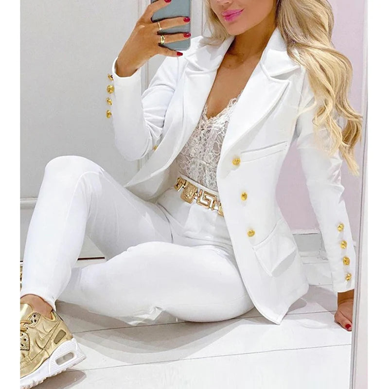 Two Piece Set Women Clothes For Ladies Outfits Lapel Collar Double Breasted Blazer Suit Pants Set Tiger Head Print Suit