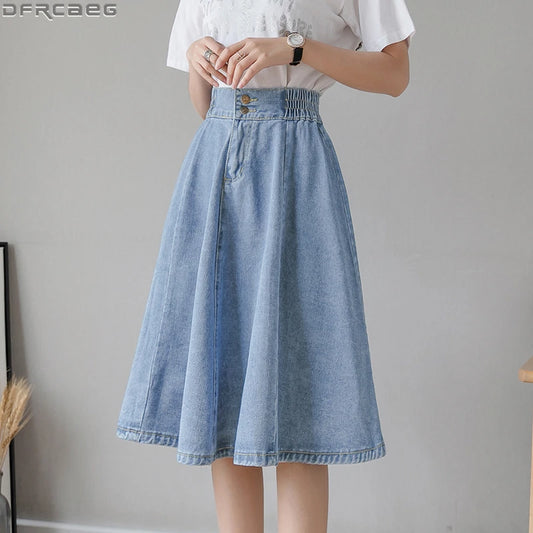 Vintage Elastic High Waist Ladies Denim Skirt New Spring Summer Streetwear Big swing Saia Midi Button A-line Women Jeans Skirts