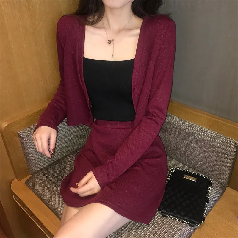 2021 Autumn Women Sweater Skirt Suit Casual Knitted Female Mini Skirts Suits Ladies 2 Piece Set Cardigan Coat Jacket Skirt Sets