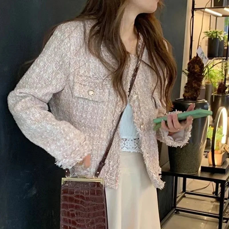 SMTHMA New Fashion Korean Chic Vintage Tweed Woolen Jacket Coat Women Autumn Single Breasted Plaid Tassel Office Lady Outwear